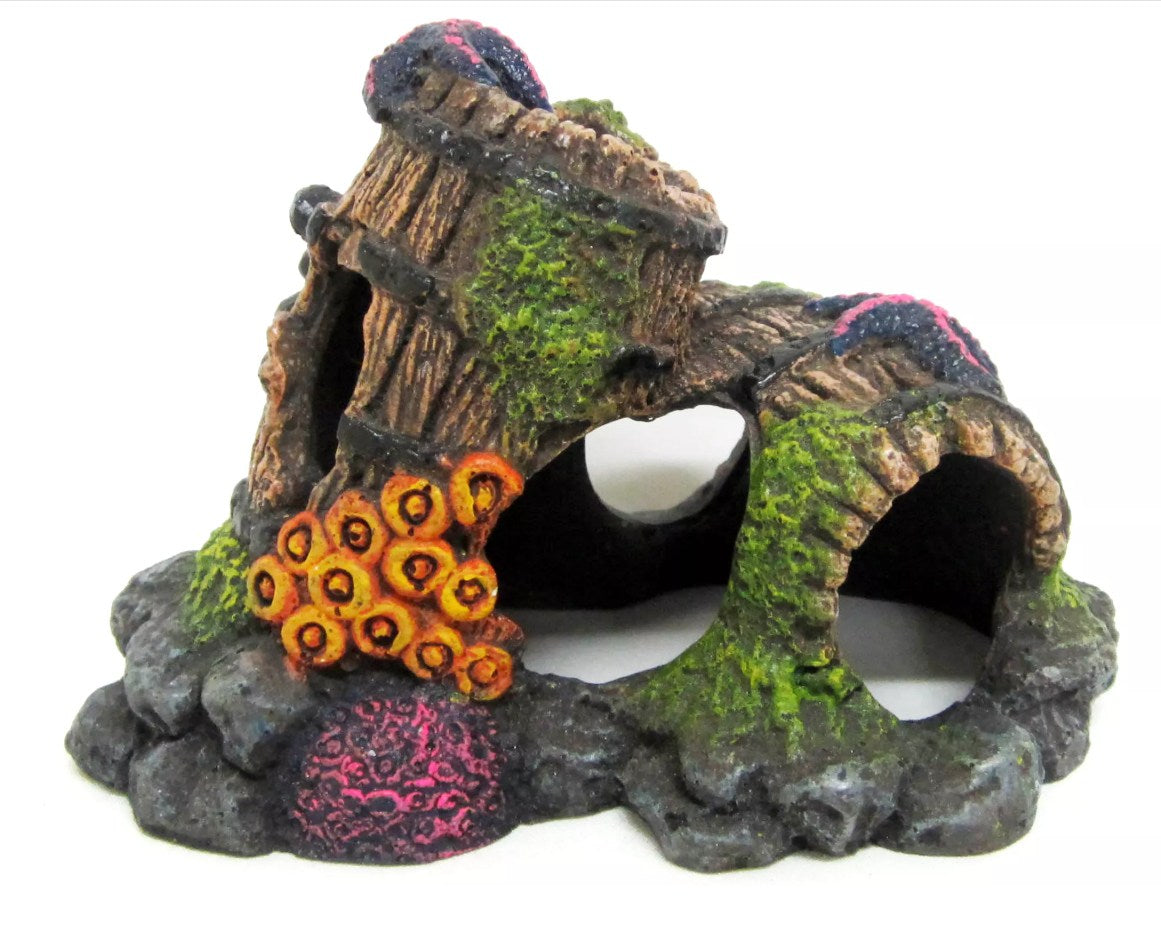 Coral Encrusted Sunken Barrel Cave Tank Decor
